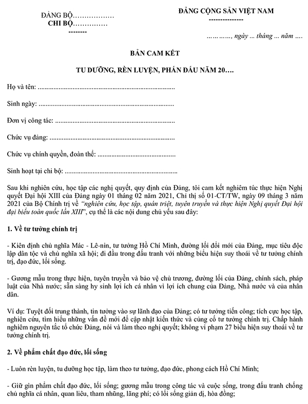 Mẫu Bản cam kết tu dưỡng rèn luyện phấn đấu của Đảng viên