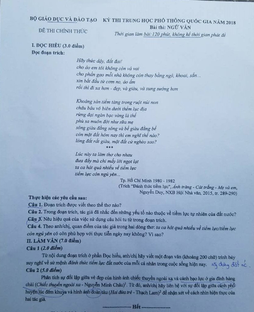 Đề thi THPT quốc gia 2018 môn văn