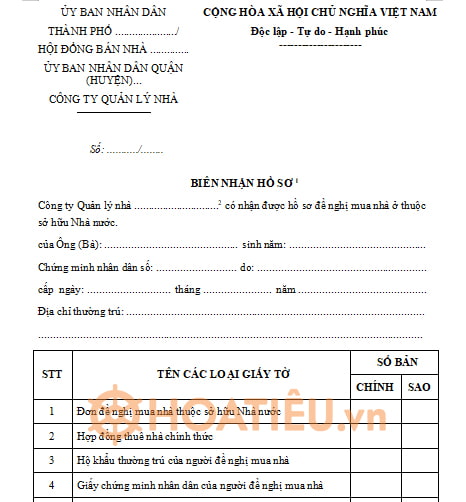 Mẫu biên nhận hồ sơ