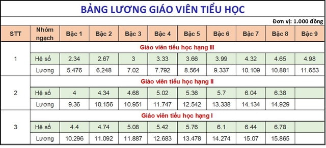 Bảng lương giáo viên tiểu học 2024