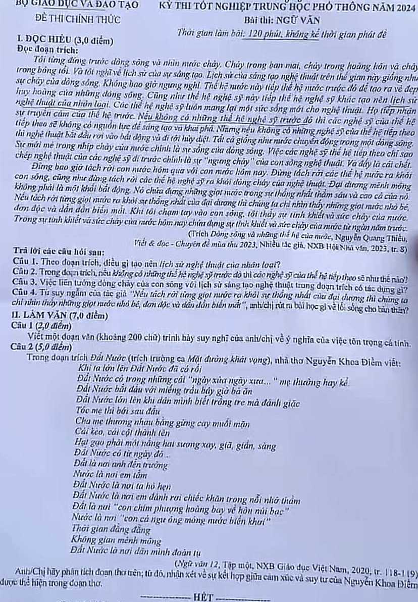 Đề thi môn văn sáng nay