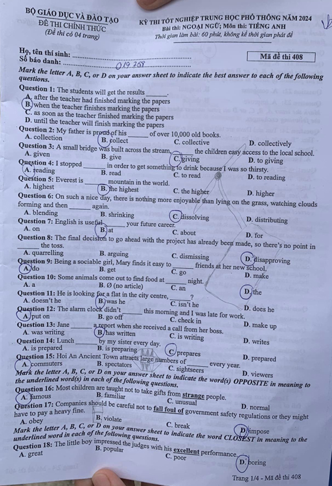 Đề thi môn Tiếng Anh THPT Quốc gia 2024 - Mã đề 408