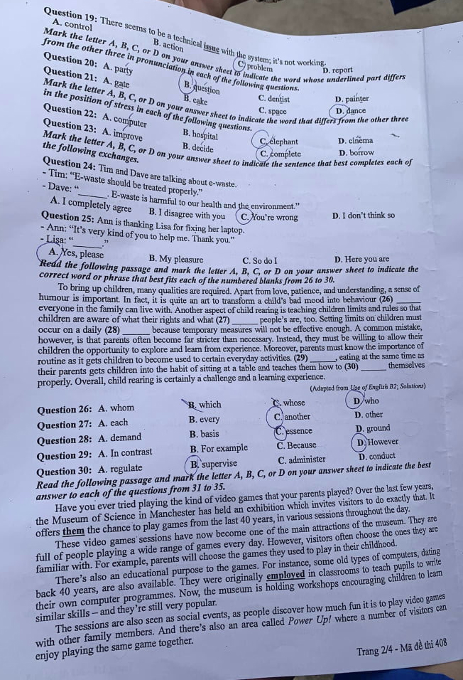 Đề thi môn Tiếng Anh THPT Quốc gia 2024 - Mã đề 408