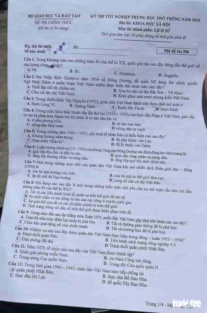 Đáp án Lịch sử THPT 2024
