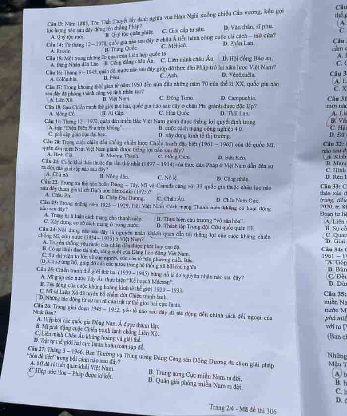Đáp án Lịch sử THPT 2024