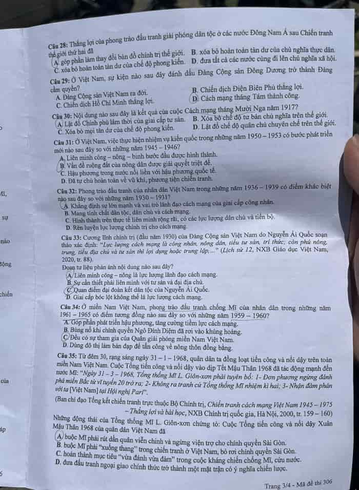 Đáp án Lịch sử THPT 2024