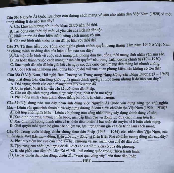 Đáp án Lịch sử THPT 2024