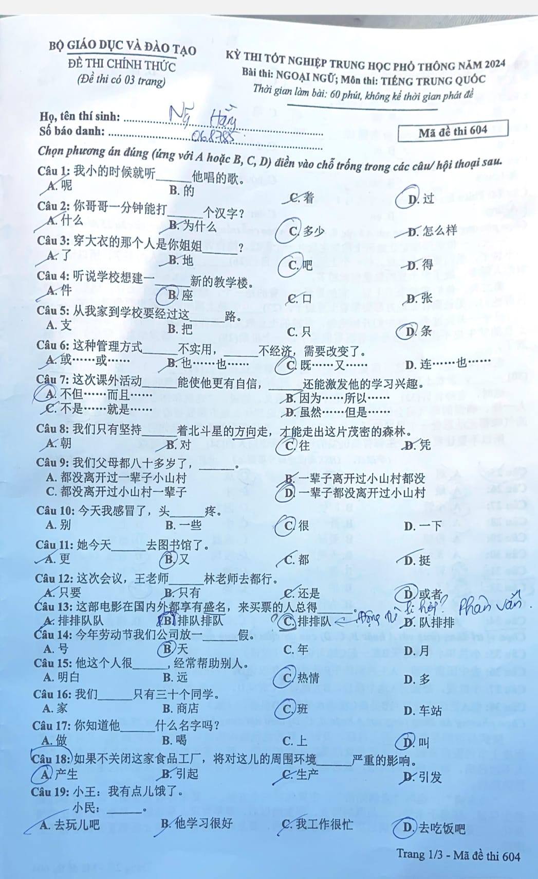 Đáp án môn tiếng Trung THPT Quốc gia 2024