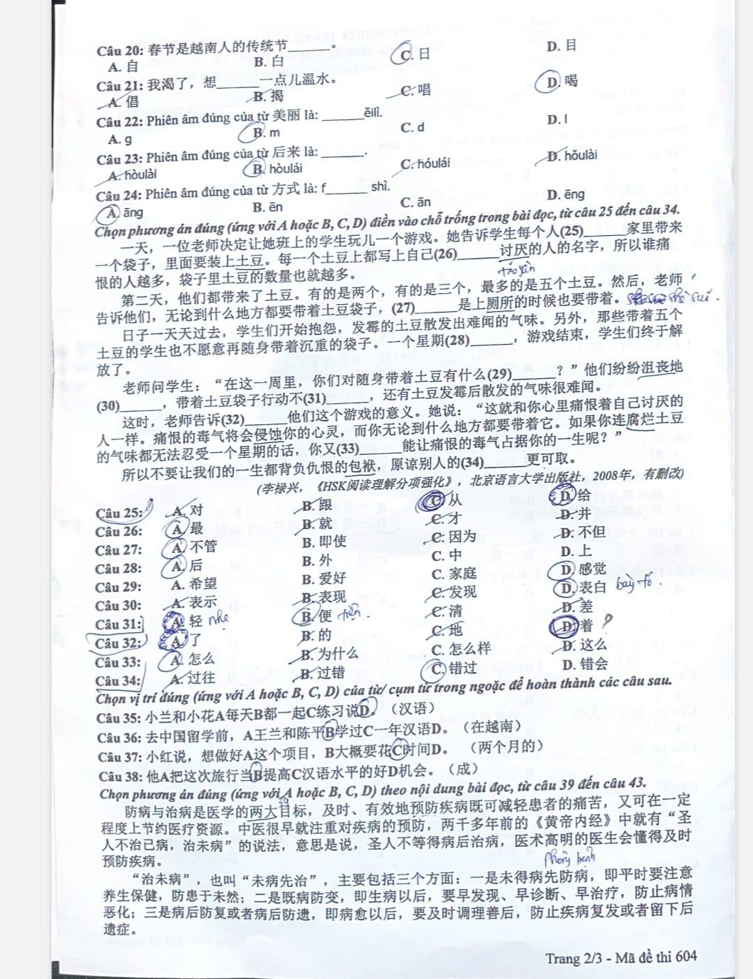 Đáp án môn tiếng Trung THPT Quốc gia 2024