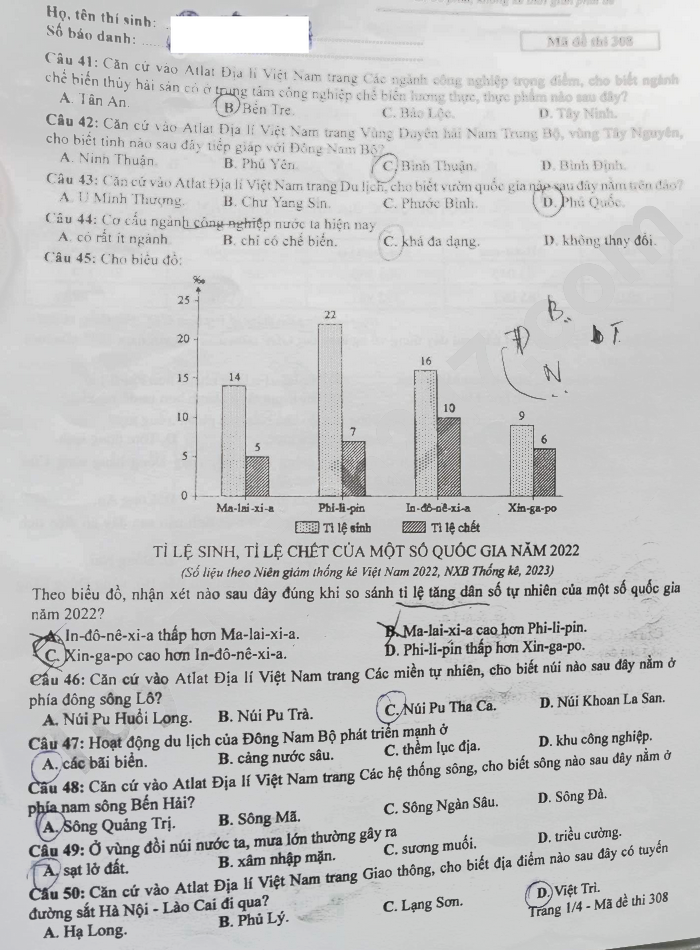 Đáp án môn Địa THPT 2024 mã đề 308