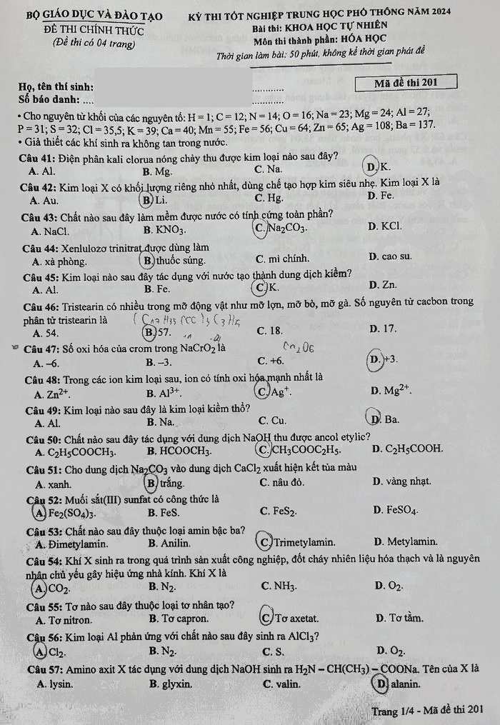 Đáp án đề Hóa THPT quốc gia 2024