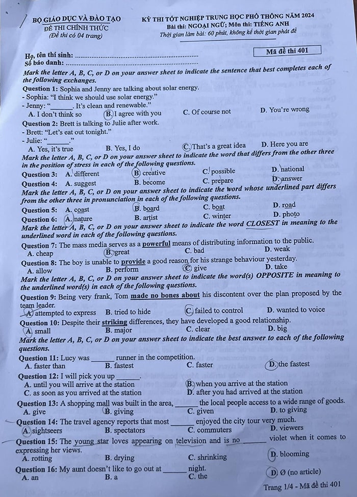 Đề thi THPT Quốc gia 2024 môn Anh 401