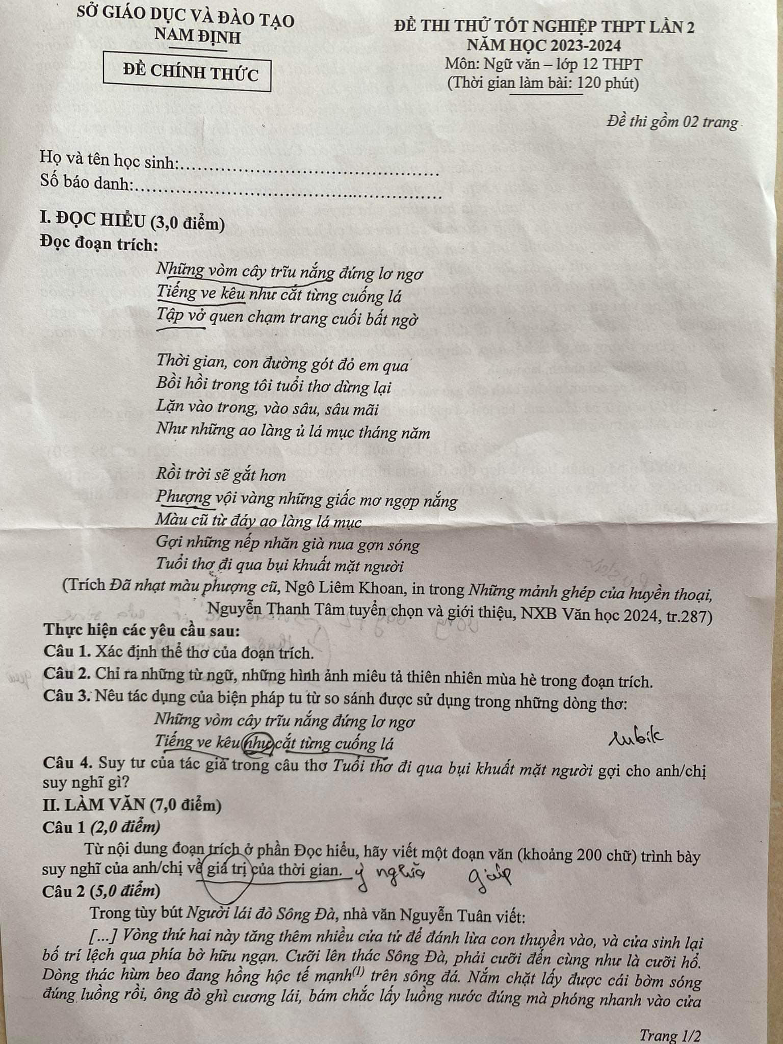  Đề thi thử tốt nghiệp Văn 2024 Nam Định