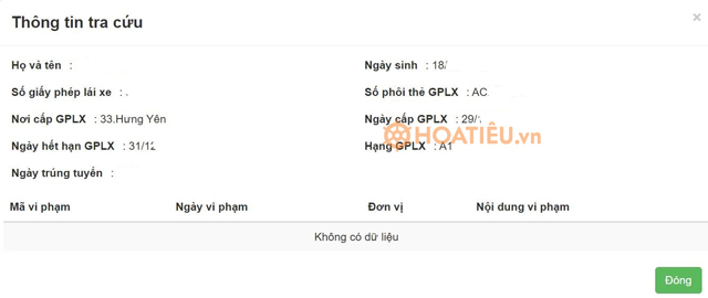 Hiển thị rõ các thông tin như trên bằng lái