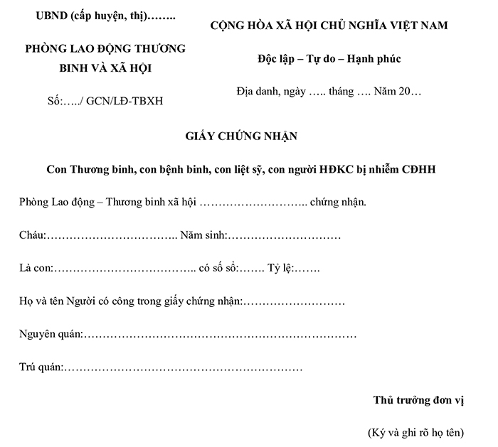 Mẫu giấy xác nhận con thương binh