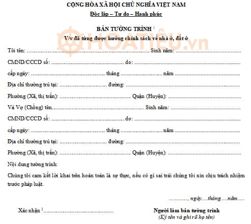 Bản tường trình đã được hưởng chính sách về nhà ở, đất ở Mẫu bản tường trình đã được hưởng chính sách về nhà ở, đất ở