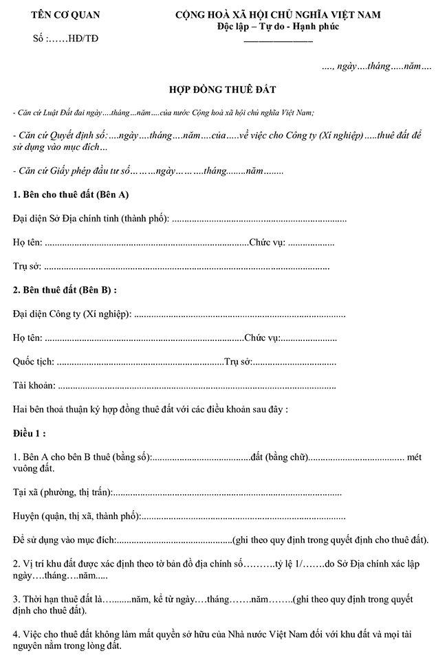 Hợp đồng thuê đất đơn giản