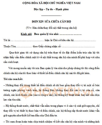 Mẫu đơn xin sửa chữa căn hộ chung cư