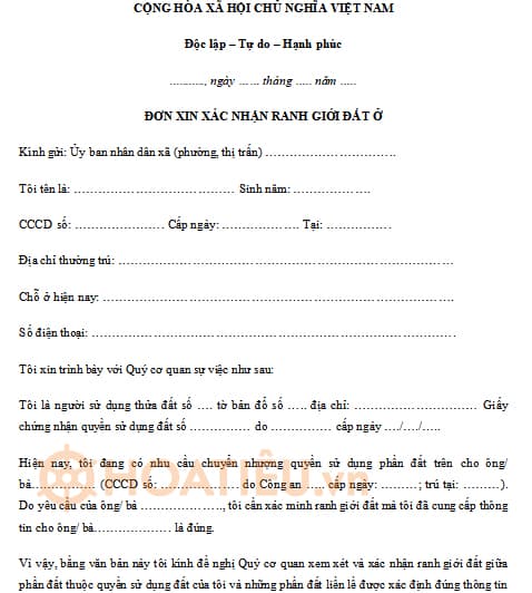 Mẫu đơn xin xác định ranh giới đất