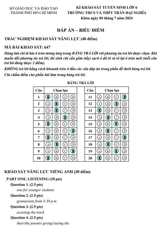 Đáp án đề thi vào lớp 6 Chuyên Trần Đại Nghĩa 2024