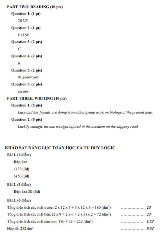 Đáp án đề thi vào lớp 6 Chuyên Trần Đại Nghĩa 2024