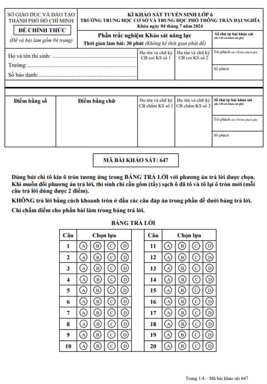 Đề thi vào lớp 6 môn Tiếng Anh Trần Đại Nghĩa 2024