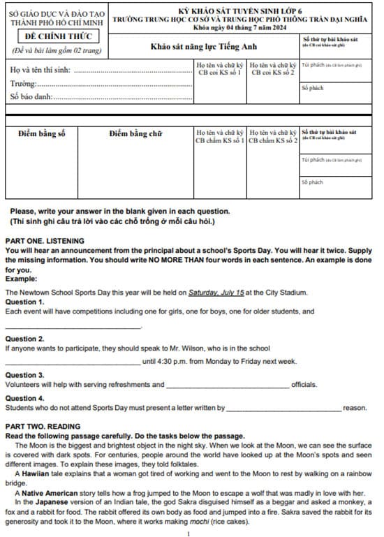 Đề thi vào lớp 6 môn Tiếng Anh Trần Đại Nghĩa 2024
