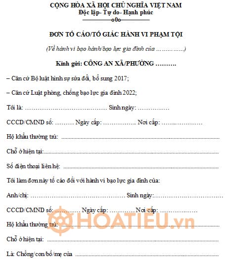 Mẫu đơn tố cáo bạo hành gia đình mới