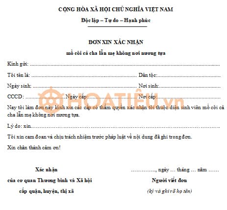 Mẫu đơn xin xác nhận mồ côi cha mẹ