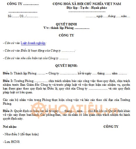 Mẫu quyết định thành lập phòng ban công ty