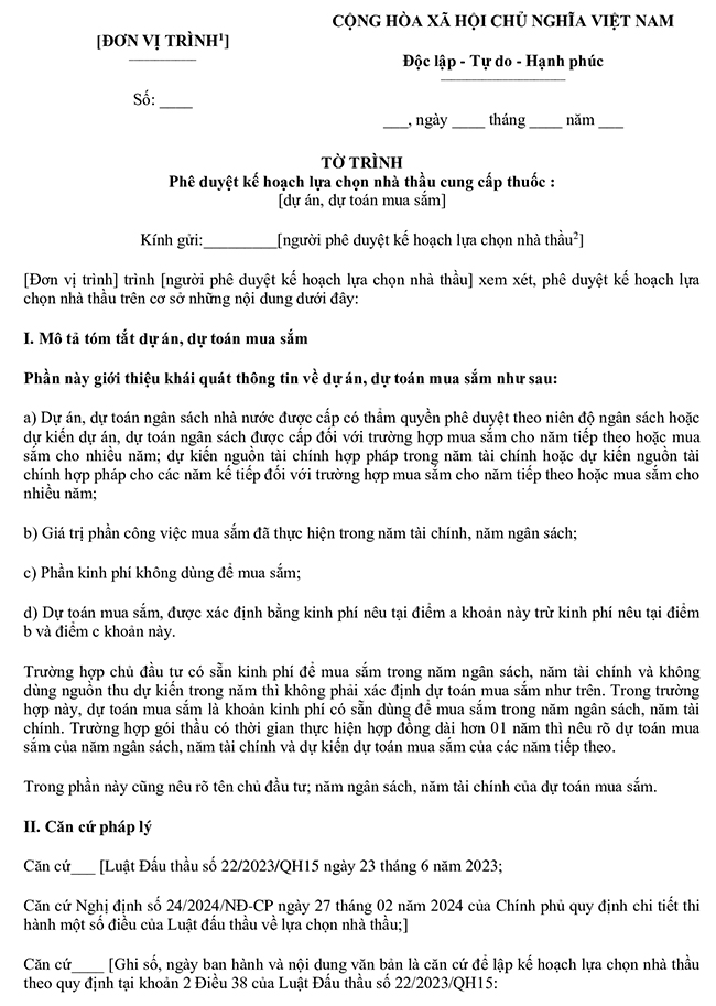 Mẫu tờ trình phê duyệt kế hoạch lựa chọn nhà thầu cung cấp thuốc