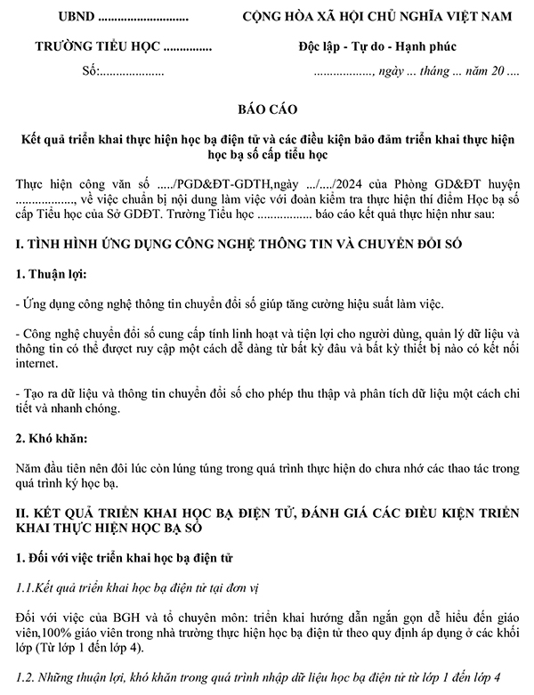 Báo cáo tình hình triển khai học bạ số cấp Tiểu học