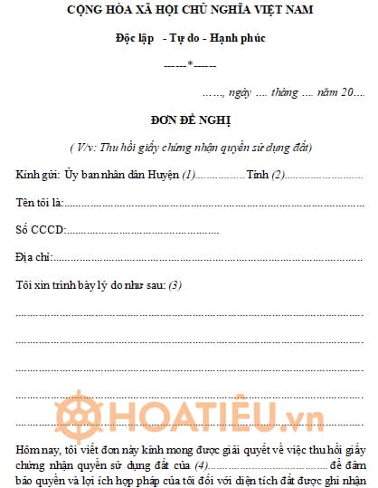 Đơn đề nghị về việc thu hồi giấy chứng nhận quyền sử dụng đất