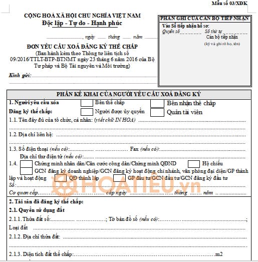 Mẫu đơn yêu cầu xóa đăng ký thế chấp 