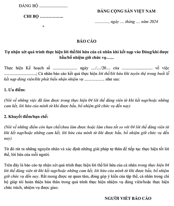 Mẫu báo cáo tự nhận xét Giữ trọn lời thề Đảng viên