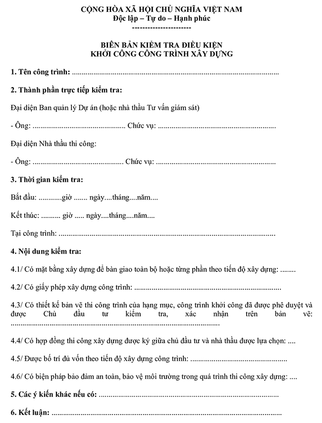 Mẫu biên bản kiểm tra điều kiện khởi công công trình xây dựng