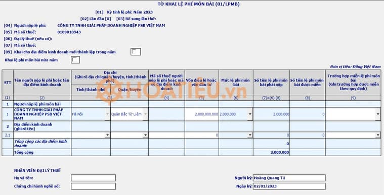 Cách làm tờ khai thuế Lệ Phí Môn Bài trên HTKK