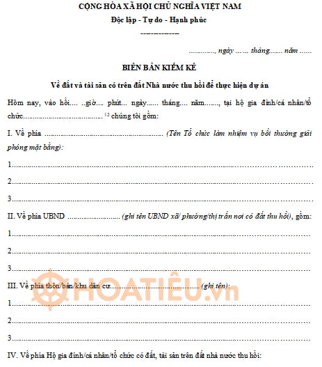 Biên bản kiểm kê về đất và tài sản có trên đất khi Nhà nước thu hồi đất