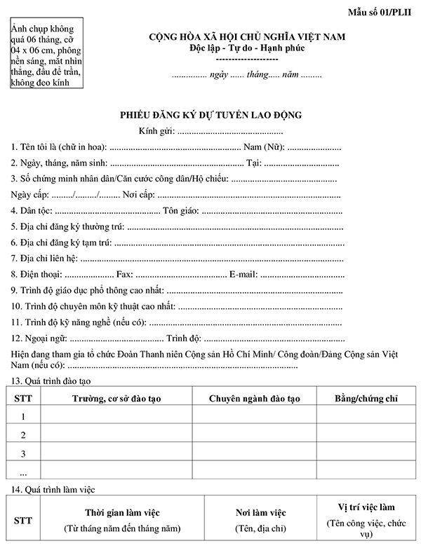 Phiếu đăng ký dự tuyển lao động mới nhất