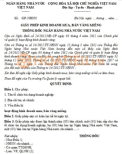 Mẫu giấy phép kinh doanh mua, bán vàng miếng