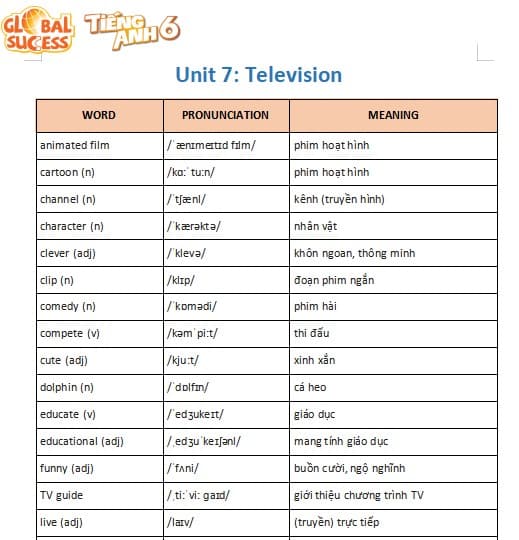 Từ vựng tiếng Anh lớp 6 Global Success