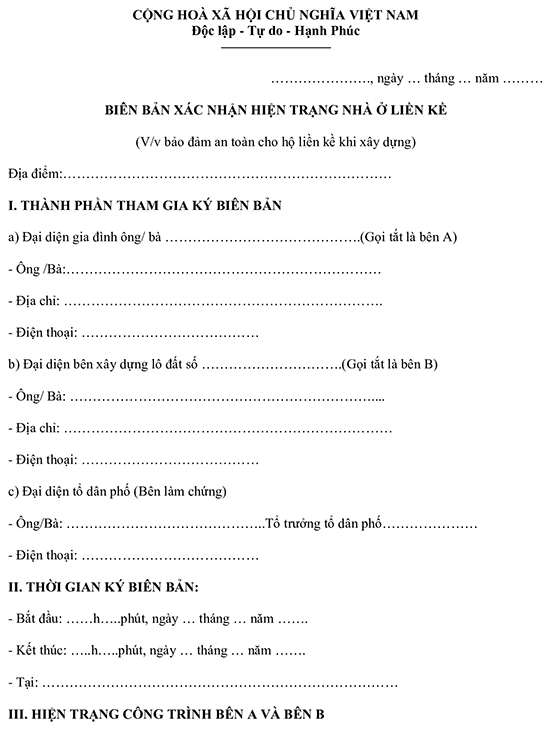 Biên bản xác nhận hiện trạng nhà ở liền kề 2024