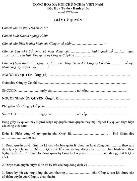 Mẫu Giấy ủy quyền cho Giám đốc công ty cổ phần 2024