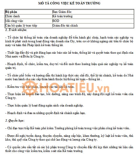 Bảng mô tả công việc của Kế toán trưởng