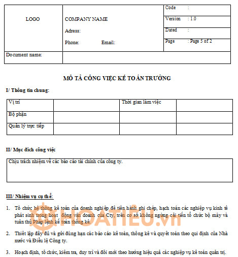Mô tả công việc của Kế toán trưởng