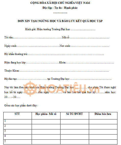 Đơn xin nghỉ học tạm thời và bảo lưu kết quả học tập