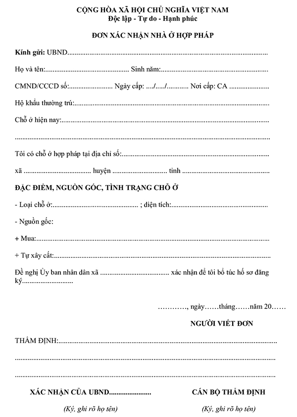 Đơn xin xác nhận nhà ở hợp pháp