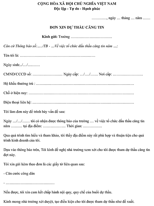 Đơn xin được dự thầu căng tin mới nhất