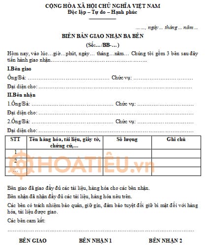 Mẫu biên bản giao nhận 3 bên
