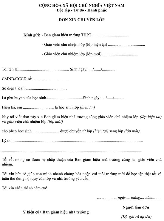 Mẫu đơn xin chuyển lớp cấp 3